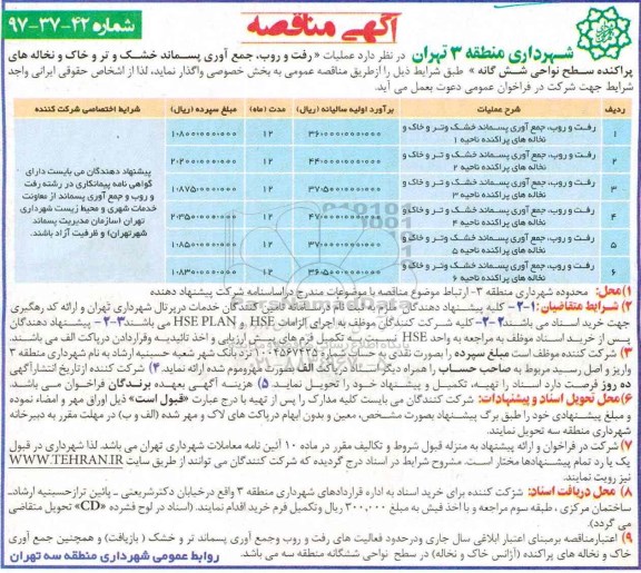 مناقصه, مناقصه عملیات رفت و روب، جمع آوری پسماند خشک 