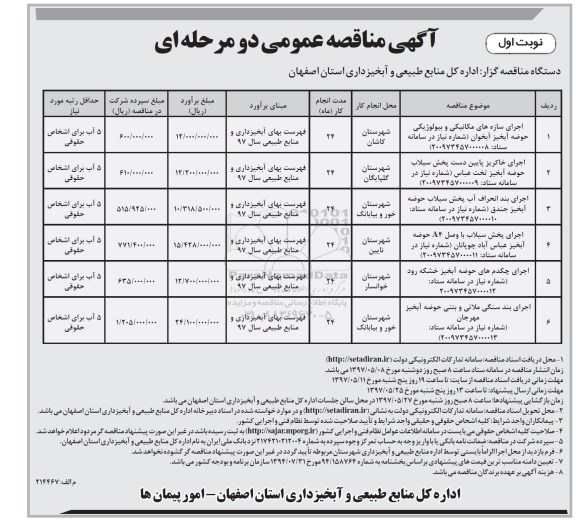 مناقصه عمومی, مناقصه عمومی اجرای سازه های مکانیکی و بیولوژیکی حوضه آبخیز آبخوان و...