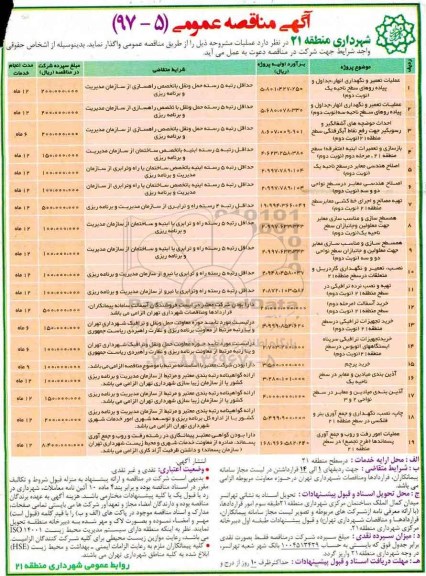 مناقصه , مناقصه عملیات تعمیر و نگهداری انهار ، جداول و پیاده روهای سطح