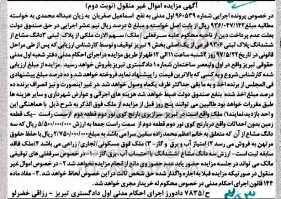 مزایده,مزایده سه دانگ مشاع از ششدانگ پلاک ثبتی 9306 فرعی بخش نه تبریز