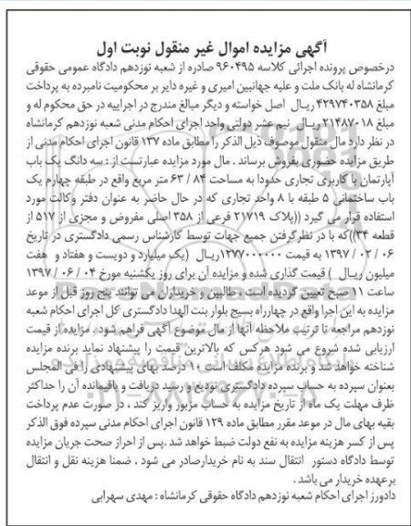مزایده ,مزایده سه دانگ آپارتمان تجاری مساحت 63.84متر