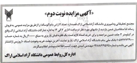 آگهی مزایده ،آگهی مزایده  تعداد 12 راس دام گوساله نوبت دوم
