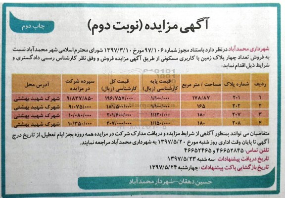 مزایده,مزایده فروش تعداد 4 پلاک زمین کاربری مسکونی نوبت دوم
