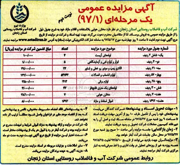 مزایده , مزایده مخازن هوایی و اقلام مازاد (نوبت دوم)