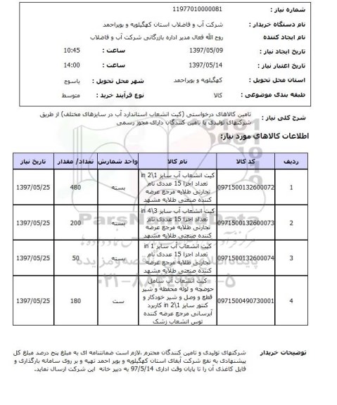 استعلام, کیت انشعاب استاندارد آب در سایزهای مختلف 
