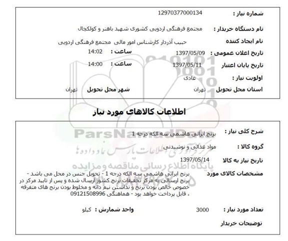 استعلام, استعلام  برنج ایرانی هاشمی سه الکه درجه 1