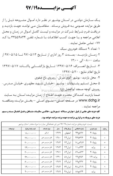 آگهی مزایده، مزایده تعداد 9 دستگاه خودروی سبک