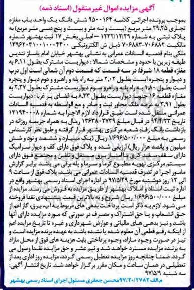 مزایده,مزایده ششدانگ یک واحد مغازه تجاری مساحت 29.25متر