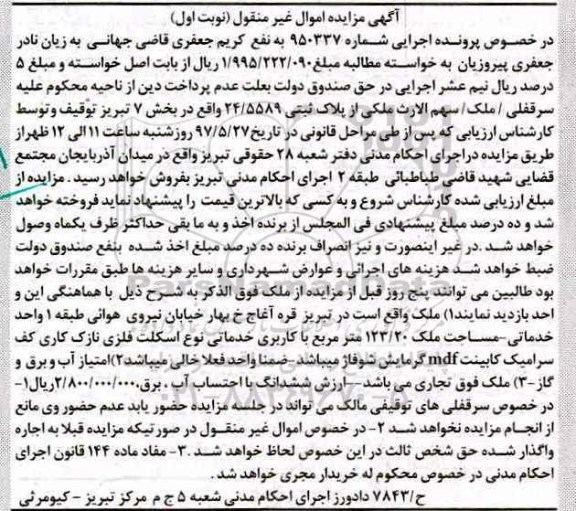 مزایده, مزایده ملک مساحت 123.20متر نوبت اول