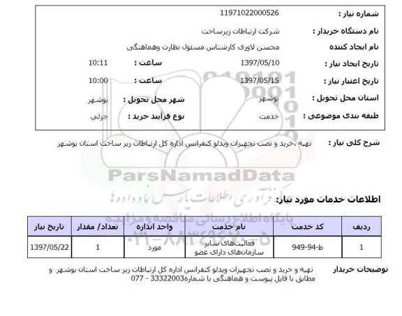 استعلام, تهیه ، خرید و نصب تجهیزات ویدئو کنفرانس 
