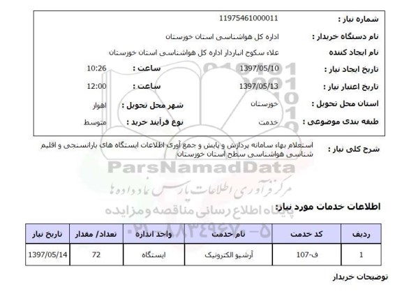 استعلام, استعلام بهاء سامانه پردازش و پایش و جمع آوری اطلاعات ایستگاه های باران سنجی