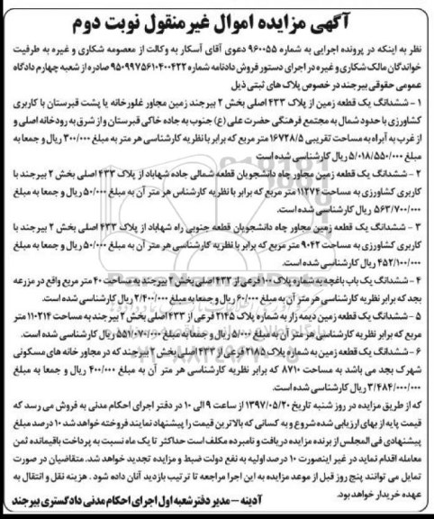 مزایده, مزایده پلاک های ثبتی شامل زمین و باغچه نوبت دوم