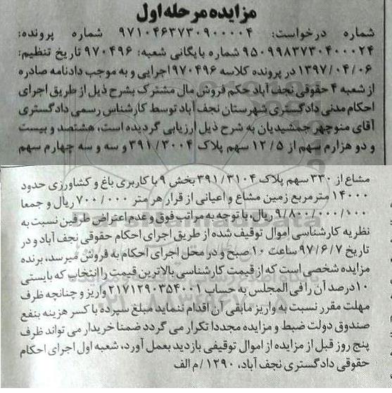 مزایده,مزایده هشتصد و بیست و دو هزارم سهم از 12.5 سهم کاربری باغ و کشاورزی 