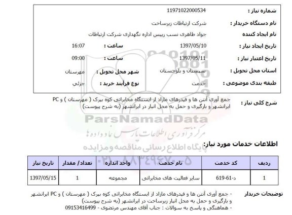 استعلام, جمع آوری آنتن ها و فیدرهای مازاد از ایستگاه مخابراتی و ...