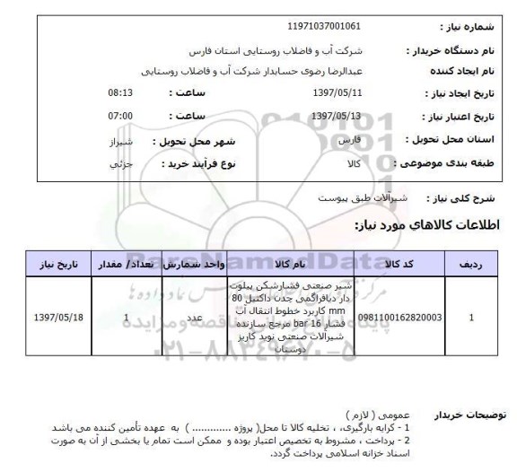 استعلام, استعلام شیرآلات طبق پیوست