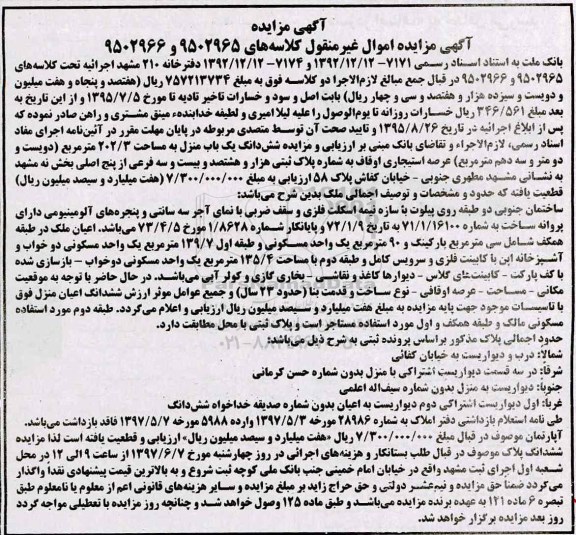 مزایده,مزایده ششدانگ یکباب منزل مساحت 202.3متر