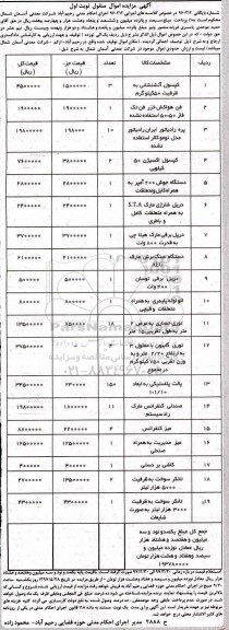 مزایده , مزایده کپسول آنشانی، فن هواکش خزر، پره رادیاتور و...