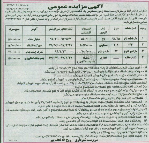 مزایده عمومی, مزایده سه قطعه زمین مسکونی، یک قطعه باغ و اجاره یک باب مغازه
