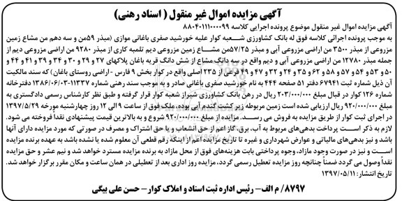 مزایده ,مزایده مبذر 59 من و سه دهم من مشاع زمین مزروعی از مبذر 3500 من اراضی مزروعی