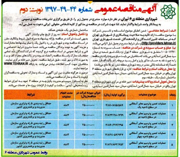 آگهی مناقصه عمومی , مناقصه عملیات تعمیر و ترمیم معابر آسفالتی .. نوبت دوم 