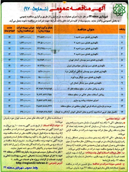 آگهی مناقصه عمومی, مناقصه نگهداری فضای سبز ناحیه ...