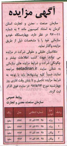 مزایده , مزایده واگذاری چهار دستگاه خودرو 