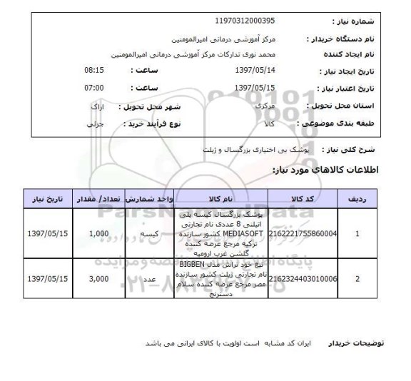 استعلام, استعلام پوشک بی اختیاری بزرگسال و ژیلت