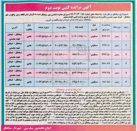 مزایده,مزایده فروش شش قطعه زمین نوبت دوم 