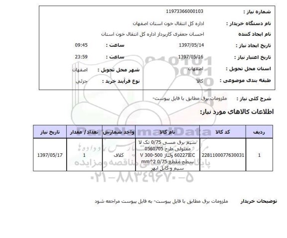 استعلام, استعلام سیم برق مسی تک لا مفتولی