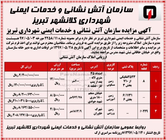 مزایده,مزایده فروش املاک مساحت 200-964.78-1813.9متر