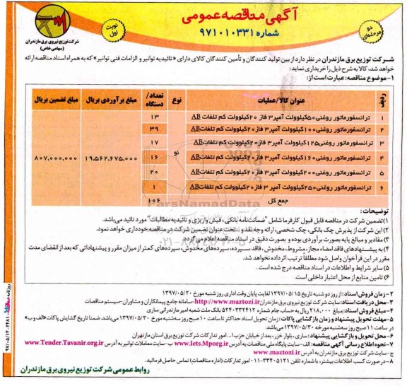 مناقصه , مناقصه ترانسفورماتور روغنی 50 کیلوولت...