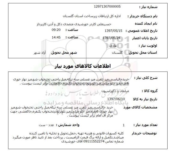 استعلام, استعلام خرید جالباسی، میز تلفن، میز عسلی سه تیکه و...