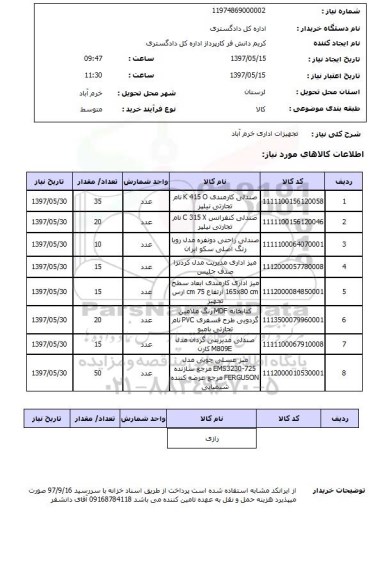 استعلام, صندلی کارمندی ، میز اداری و ...
