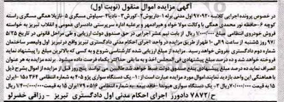 مزایده, مزایده فروش خودرو سواری پژو 405، سواری هیوندا