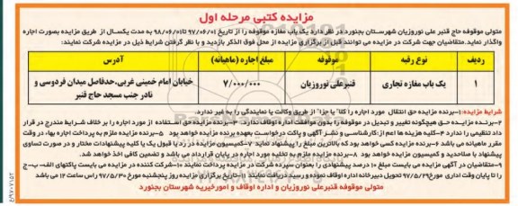 مزایده کتبی, مزایده واگذاری بصورت اجاره یک باب مغازه تجاری