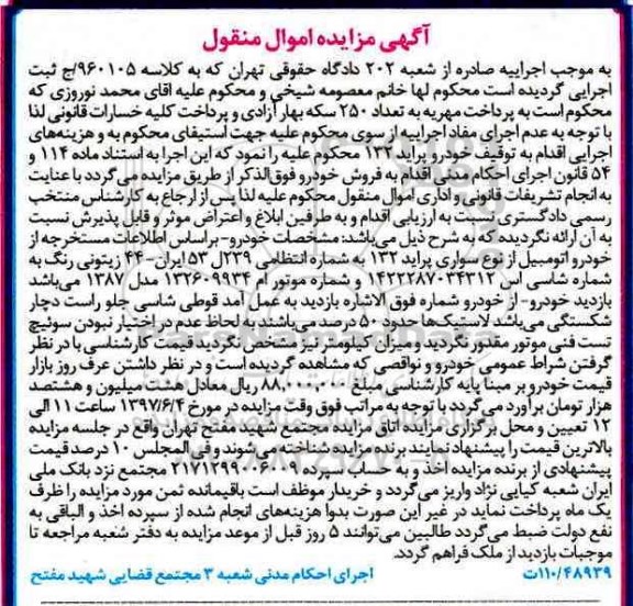 مزایده, مزایده یک دستگاه اتومبیل سواری