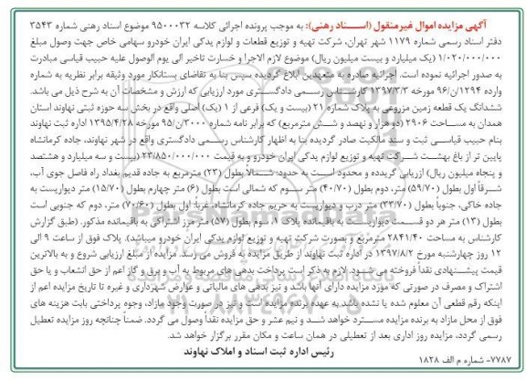 مزایده,مزایده ششدانگ زمین مزروعی مساحت 2906متر