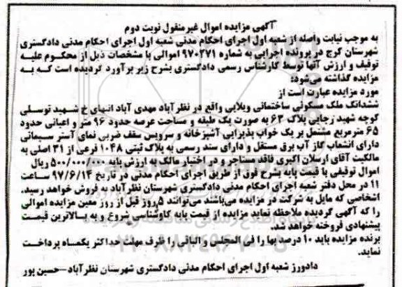 مزایده,مزایده ششدانگ ملک مسکونی ساختمانی ویلایی عرصه 96متر