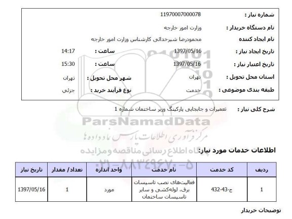 استعلام, استعلام تعمیرات و جابجایی پارکینگ وزیر ساختمان شماره 1
