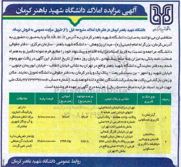 مزایده, مزایده فروش املاک مساحت عرصه 121.02 و 286.8متر