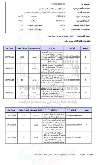 استعلام, استعلام لوازم و تجهیزات مصرفی بیمارستان