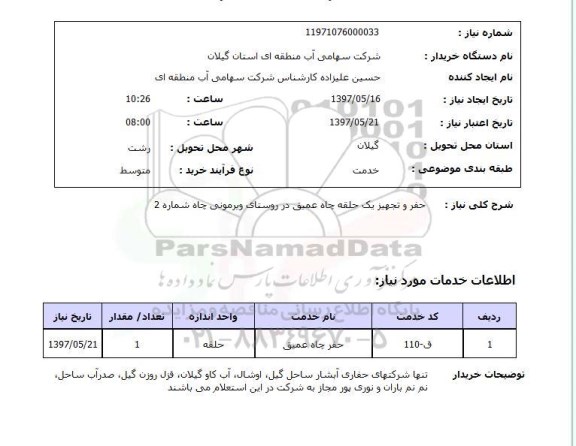 استعلام, استعلام حفر و تجهیز یک حلقه چاه عمیق