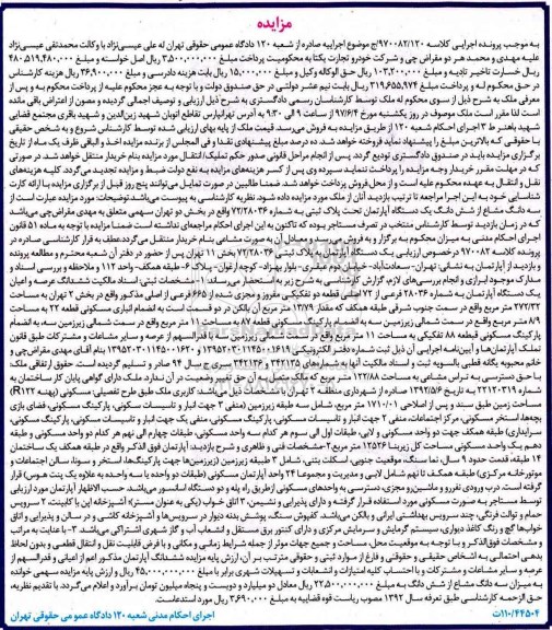 مزایده,مزایده آپارتمان قطعه دو تفکیکی مساحت 272.32متر