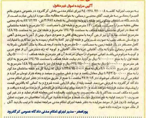 مزایده,مزایده ساختمان مسکونی دو طبقه همکف صد و بیست متر