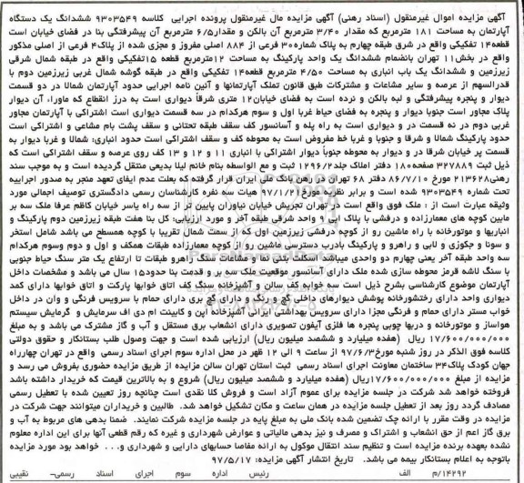 مزایده,مزایده ششدانگ آپارتمان مساحت 181 متر قطعه 14 تفکیکی