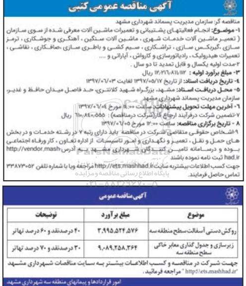 مناقصه عمومی, مناقصه عمومی انجام فعالیتهای پشتیبانی و تعمیرات ماشین آلات 