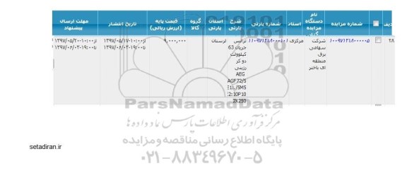 اگهی مزایده , مزایده ترانس جریان 63 کیلوولت 2 کر