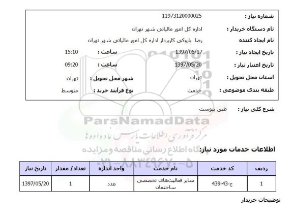 استعلام, استعلام سایر فعالیت های تخصصی ساختمان