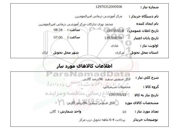 استعلام, استعلام الکل صنعتی سفید 96 درصد گالنی