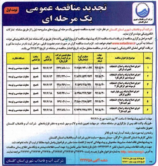 مناقصه تجدید اجرای اصلاح شبکه و اصلاح انشعابات 